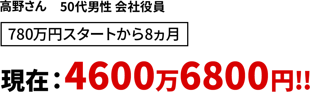 高野さん 50代男性 会社役員 780万円スタートから8ヵ月 現在:4600万6800円!!