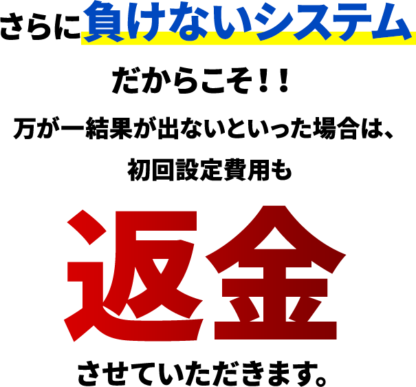 さらに負けないシステムだからこそ!!万が一結果が出ないといった場合は、初回設定費用も返金させていただきます。